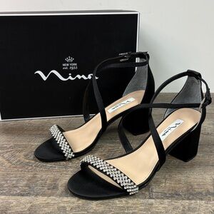 Nina “Nora-LS” Black Luster Satin Crystal Block Heel Sandals (Size 8.5)